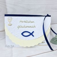 Glückwunschkarte Weiß-Creme Holzfisch blau-gold zur Kommunion
